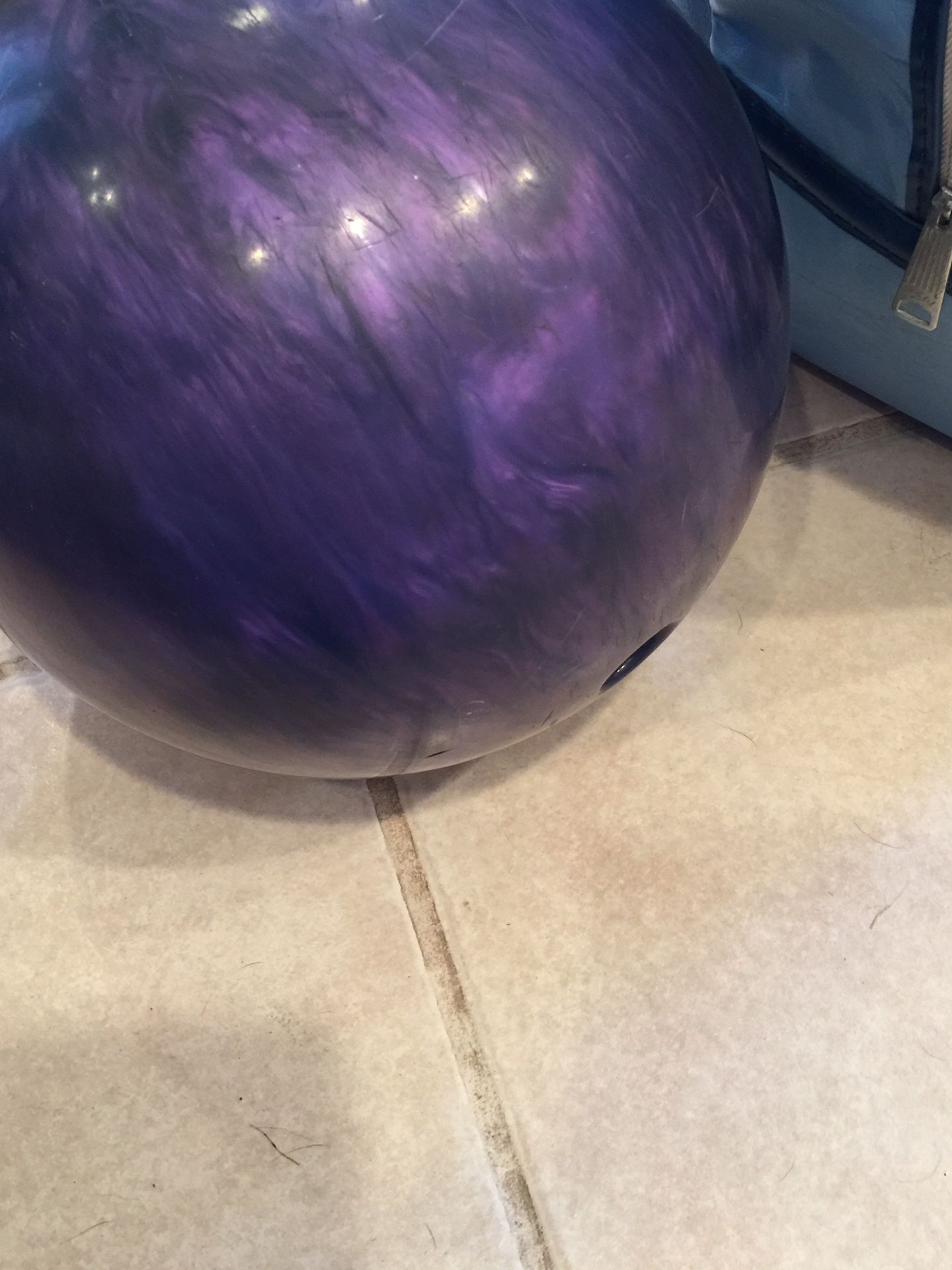 Vtg Galaxie 300 bowling ball, 12 lbs 4 oz, drilled, with Vtg Bowling Bag w/  rack