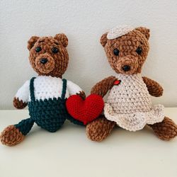 New Handmade Crocheted Teddy Bear Girl In A Beige Dress And A Lady Bug, Perfect For Valentine’s Day 