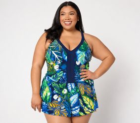 Susan Graver Soleil V-Neck Color Blocked Swim Dress Navy Rio Trpical, Regular 8