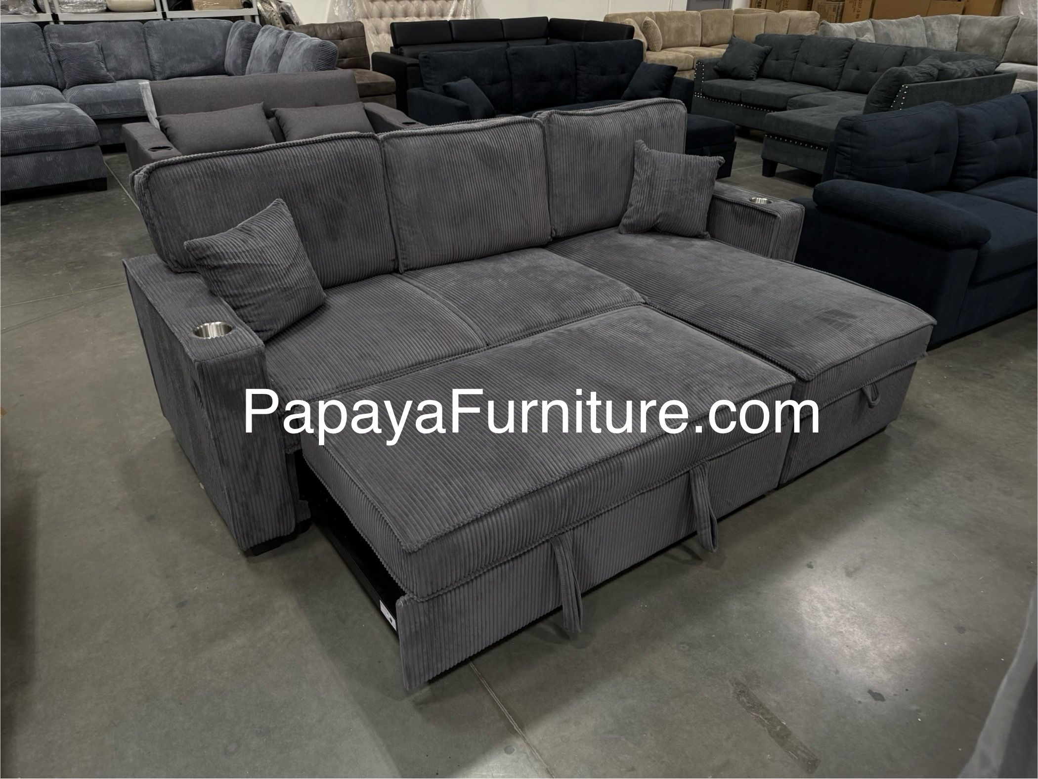 New! 89”L Reversible Grey corduroy Sectional Sofa Bed, Sectional Sofa Bed, Grey Sofa, Sleeper Sofa, Grey Couch, Reversible Sectional, Sectional Sofa W