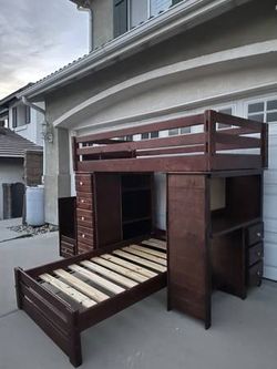 Solid Wood Twin Size Bunk Bed Frame
with Reading Desk,Bookshelves and stairs cabinet, lots of drawers for storage/ clothes