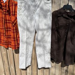 Women’s Tan Pants Size 12 And Brown Women’s Shirt Large And Women’s Orange Large Shirt