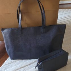 New LANCOME Black TOTE BAG and COSMETICS MAKE-UP BAG set of 2