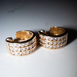 18 kt  Gold Natural Round Diamonds, triple row huggie hoop earrings