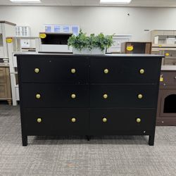 47”Black Dresser, Modern 6 Drawer Double Dresser for Bedroom with gold Knobs, Adults & Kids Wide Dressers & Chests of Drawers for Hallway, 