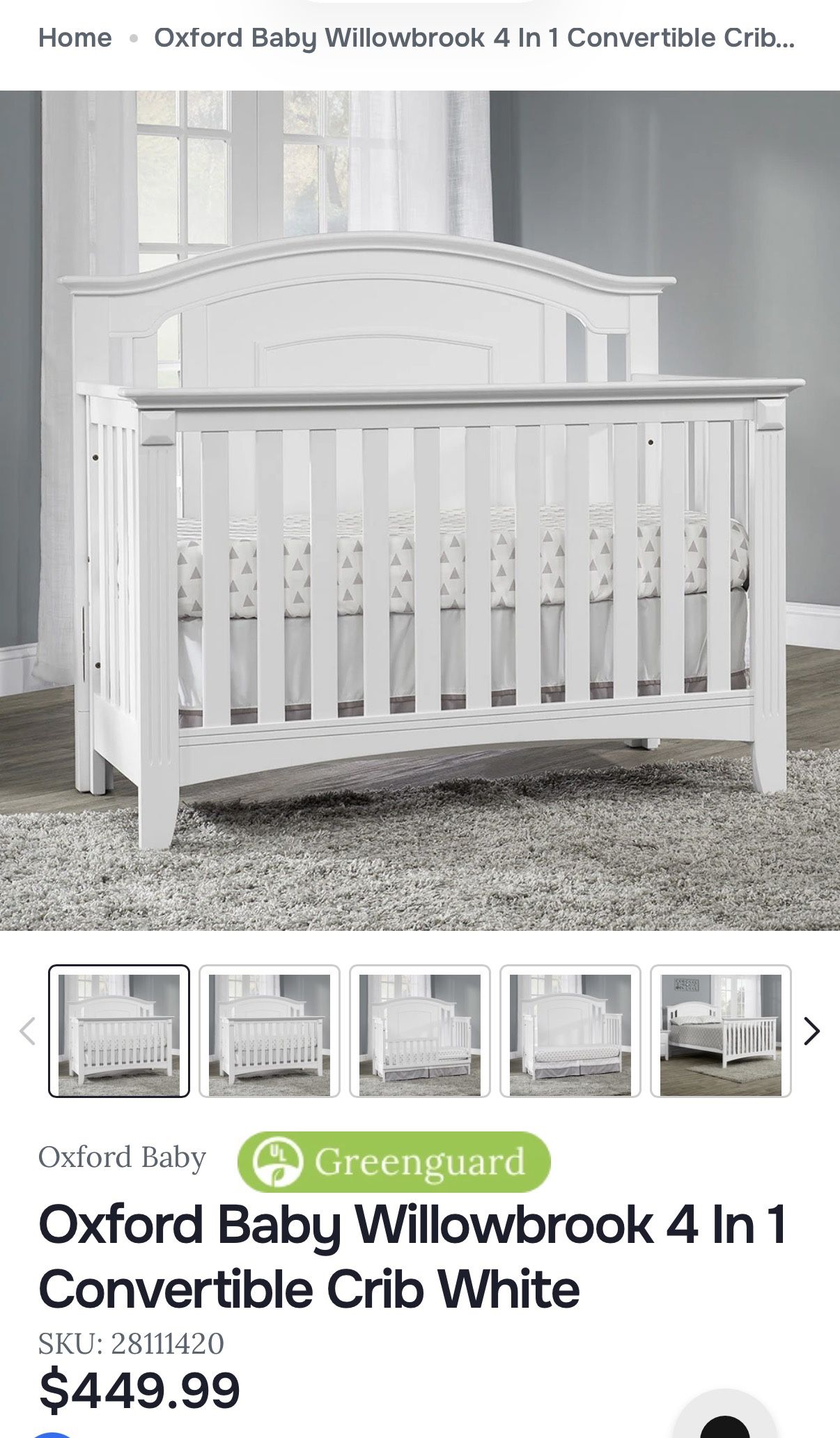 Oxford Baby Willowbrook 4 In 1 Convertible Crib White