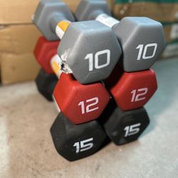 Pair of 10,12 and 15lb neoprene dumbbells