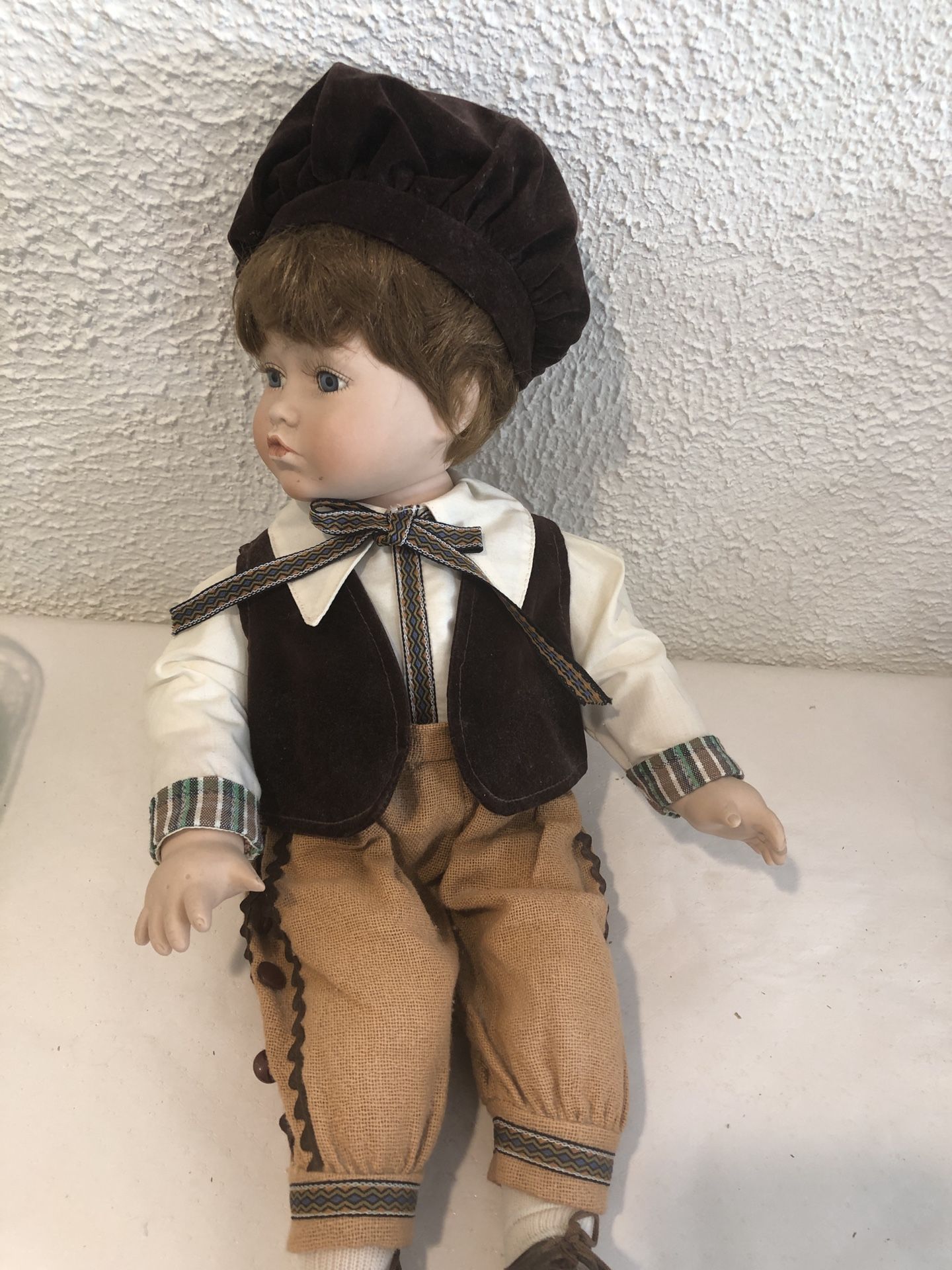 Vintage Porcelain Boy Doll 19” Tall , Blue Eyes Worn Brown Hat And Vest