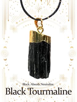 Black Tourmaline Pendant Necklace – Raw Protection Stone, Gold Accent, Halloween Gift