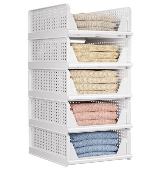 5 Pack Folding Closet Stackable Storage Box, White