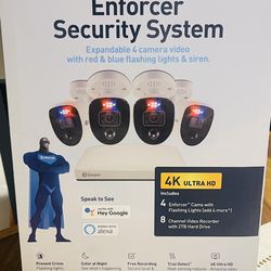 Swann Enforcer Security System with 4 cameras, 8-channel video recorder, and 2TB hard drive. Includes flashing lights, siren, and night vision. Works