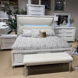 Led White Bedroom Set Queen or King Bed Dresser Nightstand Mirror Chest Options 