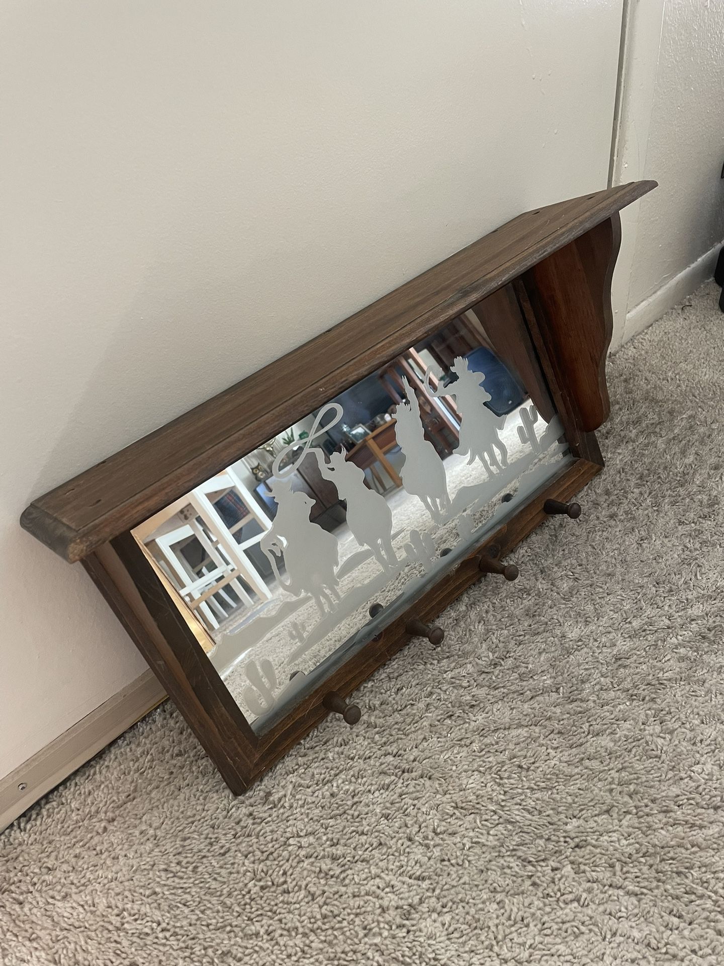 Wood Western Cowboy Desert Cactus Frosted Mirror 4 Knob Coat Rack Shelf Bar