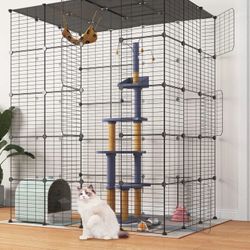 Eiiel Large Cat Cage Indoor Cat Playpen Metal Wire Kennels Crate Ideal for 1-4 Cats, 54 L x 41W x 69 H Inch, Black - 55"L x 41"W x 69"H, FULL SET 
