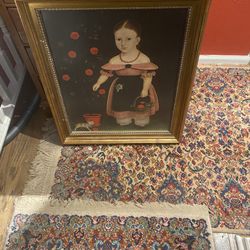 Beautiful Primitive Gold Framed Folk Art Girl Cat Painting Wall Art