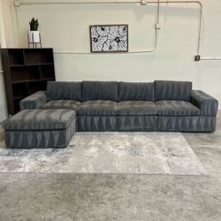 Modular Grey Corduroy Sectional Sofa w/ Ottoman