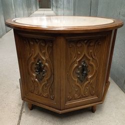 Mid-Century Octagon Side End Table Marble Top & Storage game table Rococo wood cammode