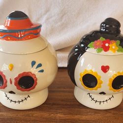Pair Of Ceramic Day Of The Dead Cookie Or Candy Jars - Dias De Los Muertos Canisters- Nice Cond