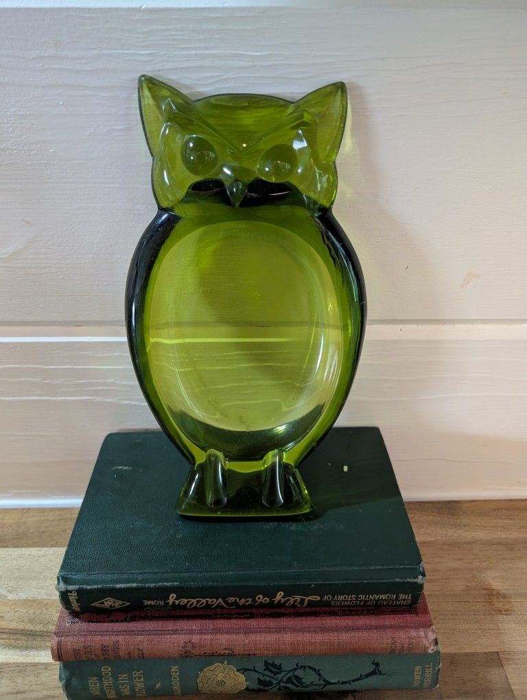 Vintage Viking Glass Green Owl Ashtray
