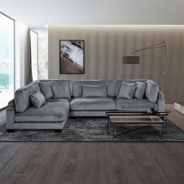 4-Piece Corduroy Fabric Sectional in Gray