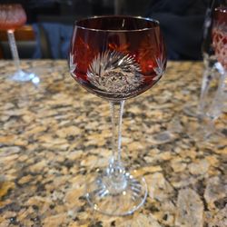 Bohemian Ruby Red Cut to Clear Wine Glass Goblet VTG Czech Crystal Stemmed