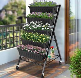 5-Tier Vertical Garden Bed with Lockable Caster Wheels and Storage Rack - 4FT Vertical Raised Bed