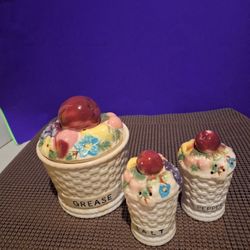 Vintage Basket Weave Ceramic  Salt and Pepper Shaker Fruit 3-D Top 4" Tall and Greese Jar-$15.00