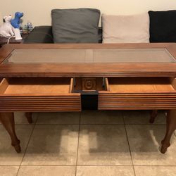 1980's Klaussner Co. Wooden Console Sofa Table and Console table with Rattan Detail and Glass Top Wooden coffee table with glass