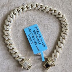 Gold Over Silver Monaco Bracelet With Moissanite Stones 7.5" 9MM 