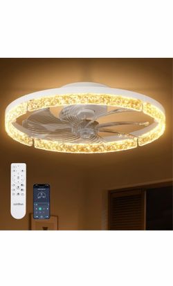 addlon Ceiling Fans with Lights and Remote, 20" Low Profile Flush Mount Ceiling Fan, 3000-6000K Dimmable LED Fandelier, Bladeless Crystal Fan Light fo