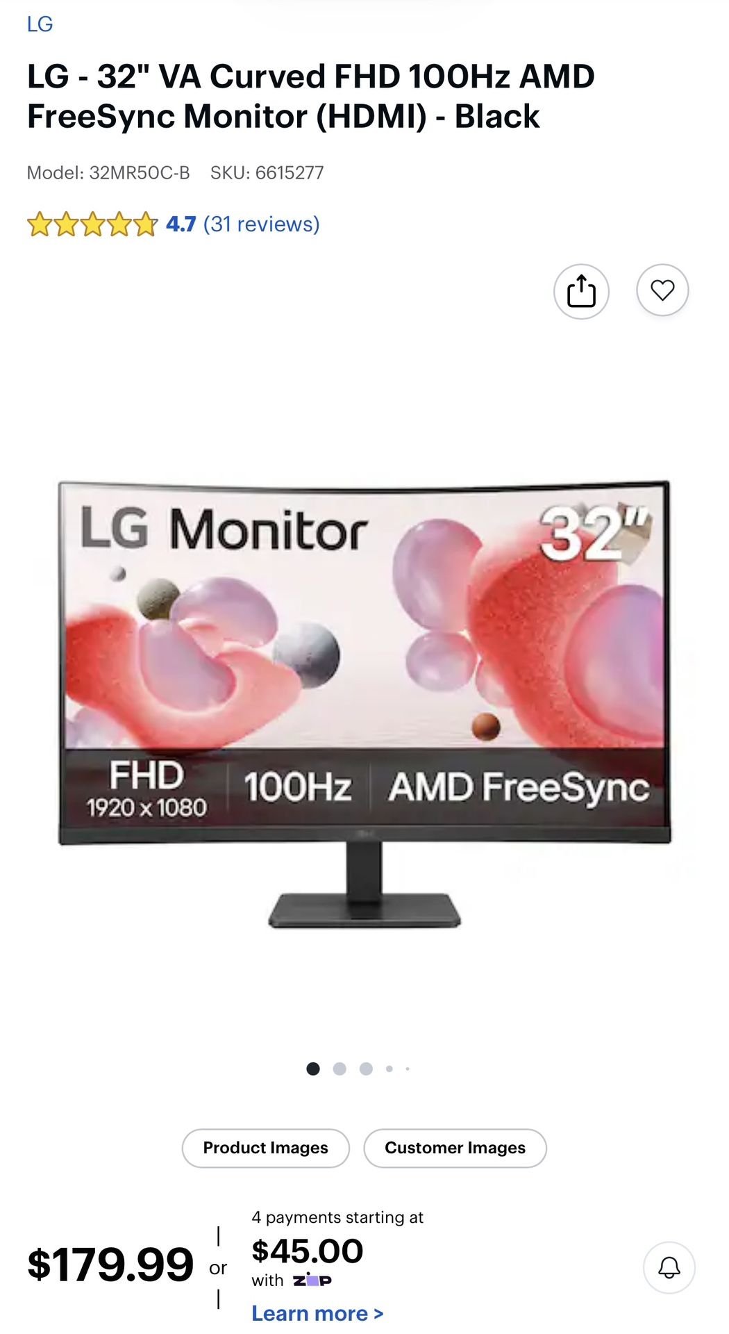 LG - 32" VA Curved FHD 100Hz AMD FreeSync Monitor (HDMI) - Black Brand New