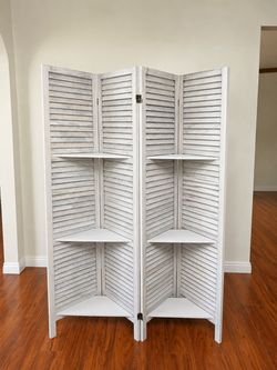 Room Divider with Shelves, 4 Panel Wood Distressed White Partition Room Dividers and Folding Privacy