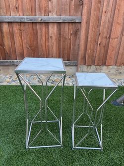 Set of 2 Marble Top Metal Accent Tables