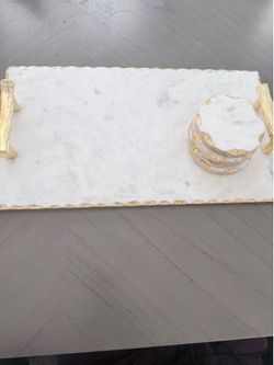 Godinger White Marble Serving Tray Set w/ Gold Handles & 4 Matching Coasters