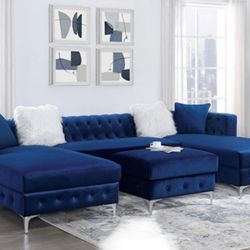 Brand New Royal Blue Tufted Velvet U Shape Sectional With Matching Ottoman And Matching White Fur Pillows
