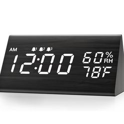 Digital Alarm Clock, with Wooden Electronic LED Time Display, 3 Alarm Settings, Humidity & Temperature Detect, Wood Made Electric Clocks for Bedroom, 