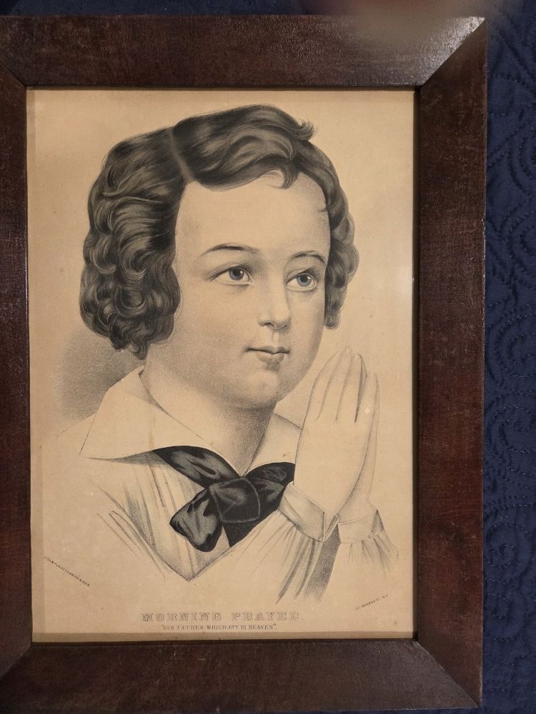 Antique Frame Currier and Ives Morning Prayers Original Lithograph Print
