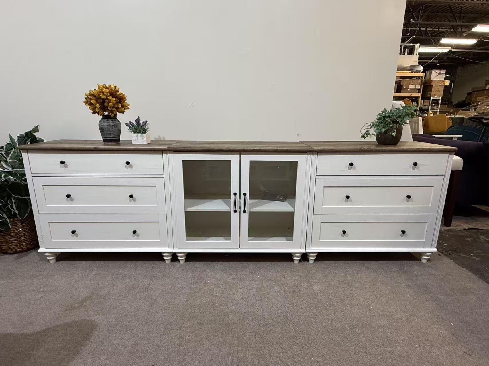 Brand new TV Stand for 100 Inch TV, Wood TV Console Table for 75/80/85/90 Inch TV, Entertainment Center with Glass Door & Drawer, Kitchen Sideboard Bu