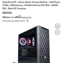 CyberPowerPC - Gamer Master Gaming Desktop - AMD Ryzen 3 4100 - 8GB Memory  - NVIDIA GeForce GTX 1650 - 500GB SSD - Black PC Computer 