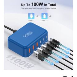 USB C Fast Charger, 100W GaN 6 Port Type C Charging Station Hub Block Cube, USB C Wall Charger Power Strip Adapter Plug for iPad iPhone 16 15 14 13 12