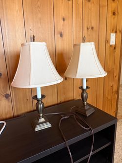 Pair of Bronze Candlestick Table Lamps & Cream Shades