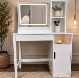 Get Ready with Me Vanity Table with Lighted Mirror and Storage, White Finish