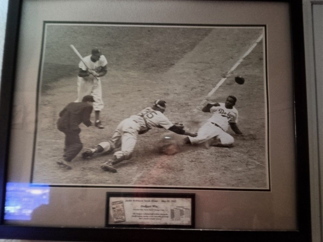 Jackie Robinson Stealing Home, May 15, 1952 Frames Picture With Stats