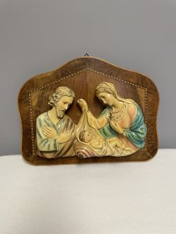 Vintage Holy Family Inlay Wall Plaque, Virgin Mary Joseph Jesus, Chalkware