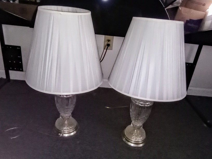 Set Of Two Crystal Brass Based Antique Lamps