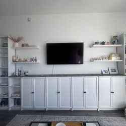 IKEA White Entertainment Wall Unit + 55" LG TV & Mount – Cabinets, Shelves, Lighting