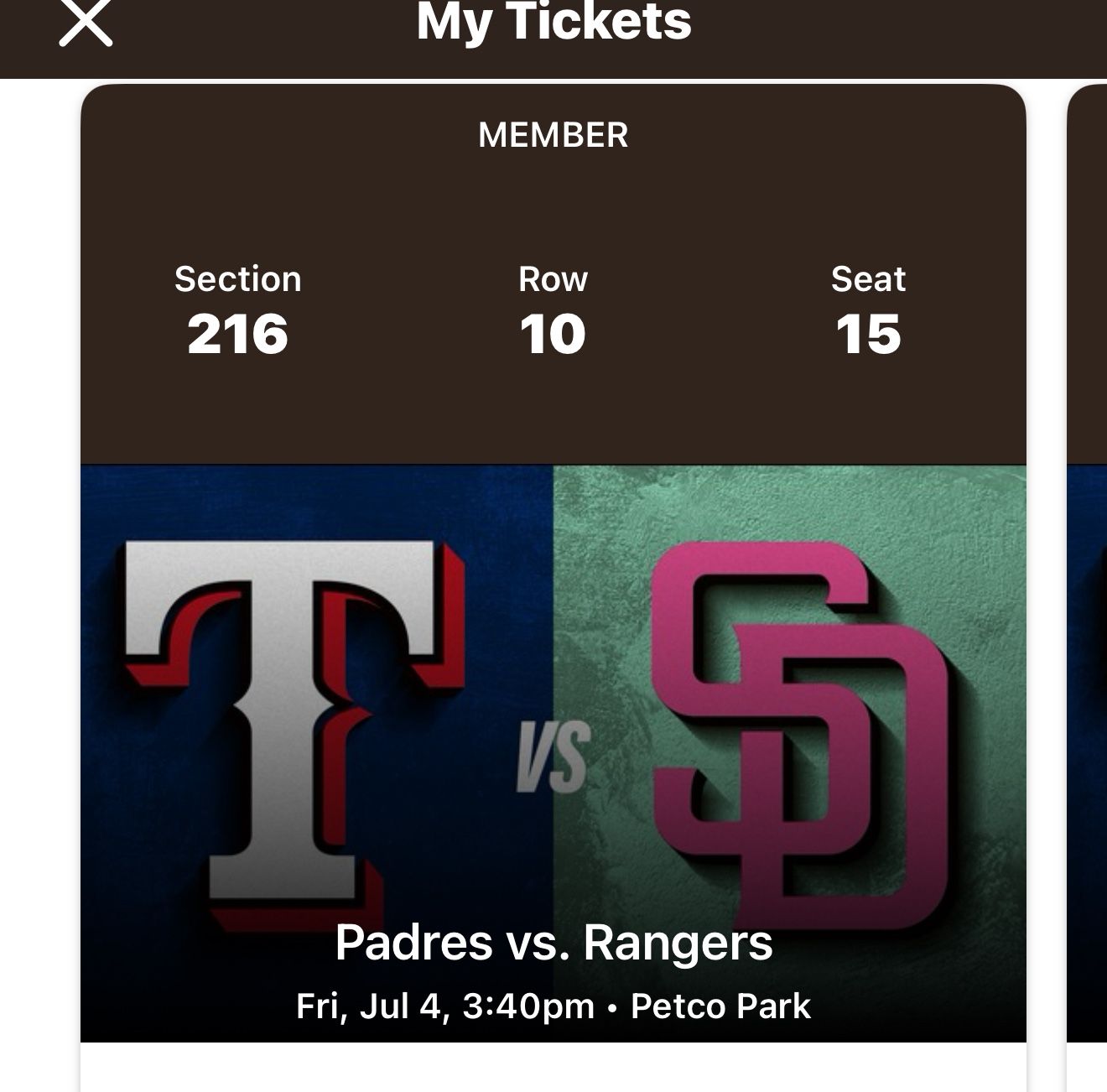 Padres V Rangers 4th Of July 2 Seats