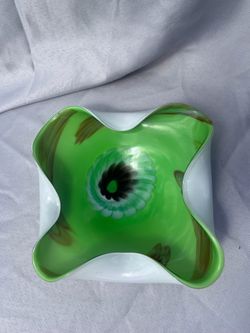 Vintage Green Art Glass Bowl – Hand Blown Freeform Centerpiece