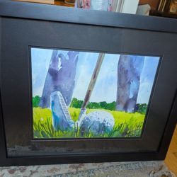 Golf Original Watercolor Painting Art 11x14", Frame 18x22x.75"