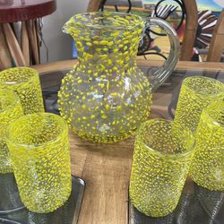 New 7 pc Hand Blown Glass Pitcher Set w/ 6 Glasses Juego de jarra de vidrio soplado a mano y 6